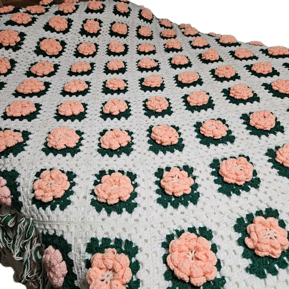 Vintage Handmade Crochet 3D Rose Granny Square Afghan Throw Blanket 108" x 66” - Picture 2 of 10